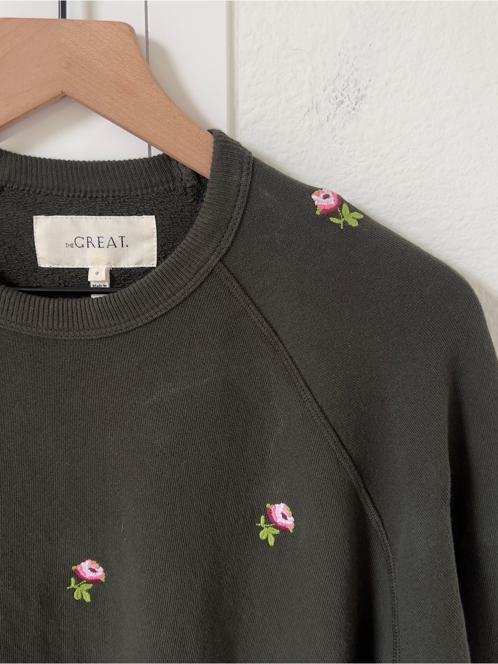 THE GREAT. The Embroidered College Sweatshirt - Olive Green - Picture 5 of 8